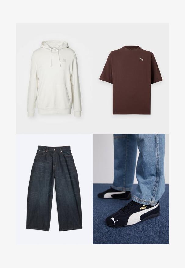 Lys beige hoodie lavet af en bomuldsblandingsmateriale. Har en kængurulomme, snoretrækslids og et lille logo-patch på brystet.; Brun T-shirt med korte ærmer og rund hals med lille hvid Puma-logo på venstre bryst mod en hvid baggrund.; Mørkeblå jeans med brede ben, forlommer, knaplukning og synlige syninger, lagt fladt på en hvid baggrund.; Sorte ruskinds sneakers med hvide detaljer og et guldlogo. Båret med lyseblå denimjeans og sat på en struktureret blå overflade.
