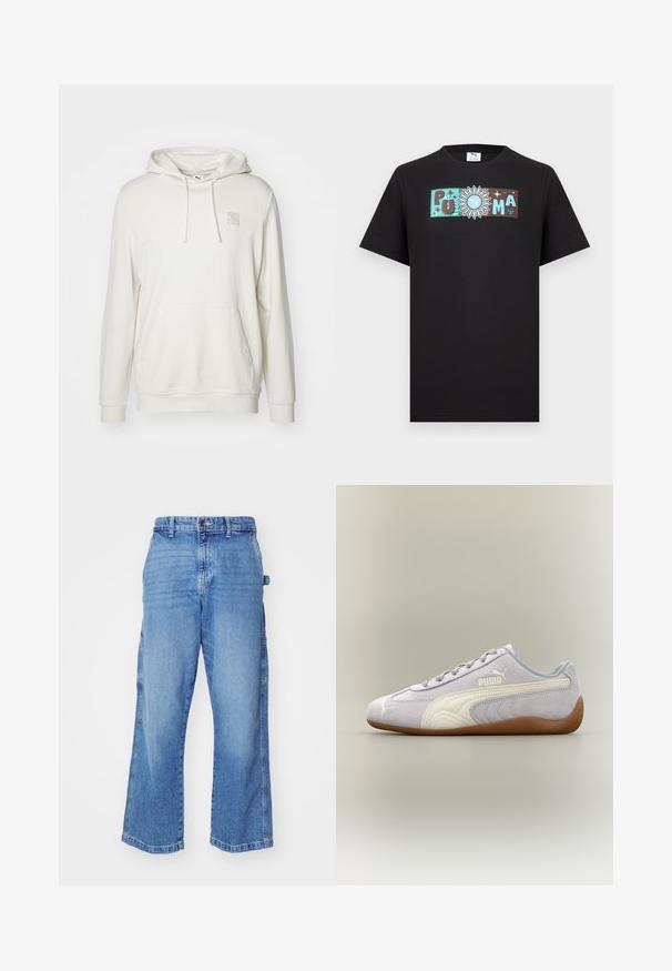 Lys beige hoodie lavet af en bomuldsblandingsmateriale. Har en kængurulomme, snoretrækslids og et lille logo-patch på brystet.; Sort kortærmet skjorte med et horisontalt logodesign, der indeholder bogstaverne "PUMA" og en sol med Puma-ikonet i midten.; Lyseblå denim cargo bukser med en afslappet pasform, flere sidelommer og et bredt ben-design. Har en knap- og lynlåslukning.; Lys grå Puma ruskindssneaker med hvid stribedetalje og gummisål, set fra ydersiden mod en neutral baggrund.