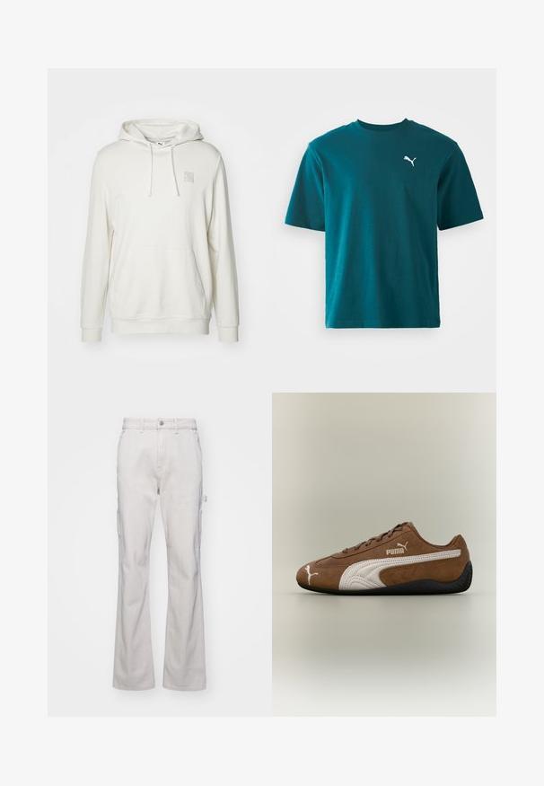 Lys beige hoodie lavet af en bomuldsblandingsmateriale. Har en kængurulomme, snoretrækslids og et lille logo-patch på brystet.; Teal bomulds t-shirt med korte ærmer, rund hals og et hvidt Puma-logo på venstre bryst; glat tekstur og regular fit.; Lys grå cargobukser med lige ben-design, udstyret med sidelommer og knaplukning. Fremstillet af robust, struktureret stof.; Brun ruskindsneaker med hvide accenter og tekstureret design. Har en sort gummisål og et fremtrædende Puma-logo på siden.