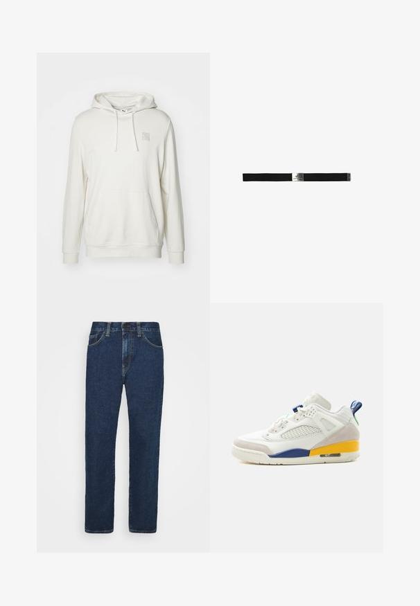 Sweatshirt beige clair en mélange de coton. Il possède une poche kangourou, une capuche avec cordon de serrage et un petit logo brodé sur la poitrine.; Jean en denim bleu foncé à coupe droite, cinq poches, passants de ceinture et détails de couture dorés. Tissu léger avec une texture lisse.; Baskets de sport blanches avec panneau latéral en mesh, accents en daim beige, détails bleus et jaunes sur la semelle intermédiaire, et languette bleue au talon.; Ceinture élastique noire avec une boucle en métal argenté arborant le logo "Alpha Industries", design plat et texture lisse.