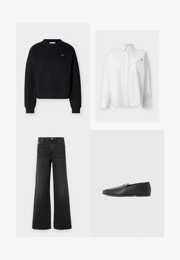 Sweat-shirt noir à col ras du cou avec manches longues et petit logo crocodile Lacoste brodé en blanc sur le côté gauche de la poitrine.; Chemise blanche à manches longues avec boutons, col pointu et poche avant avec petit logo noir "CK" sur la poitrine gauche.; Jean en denim noir à jambes larges avec fermeture avant par bouton et zip, passants pour ceinture, et style cinq poches.; Mocassins en cuir noir à texture lisse, bout arrondi et détails de couture subtils. Ils présentent un accent logo doré sur le côté supérieur.
