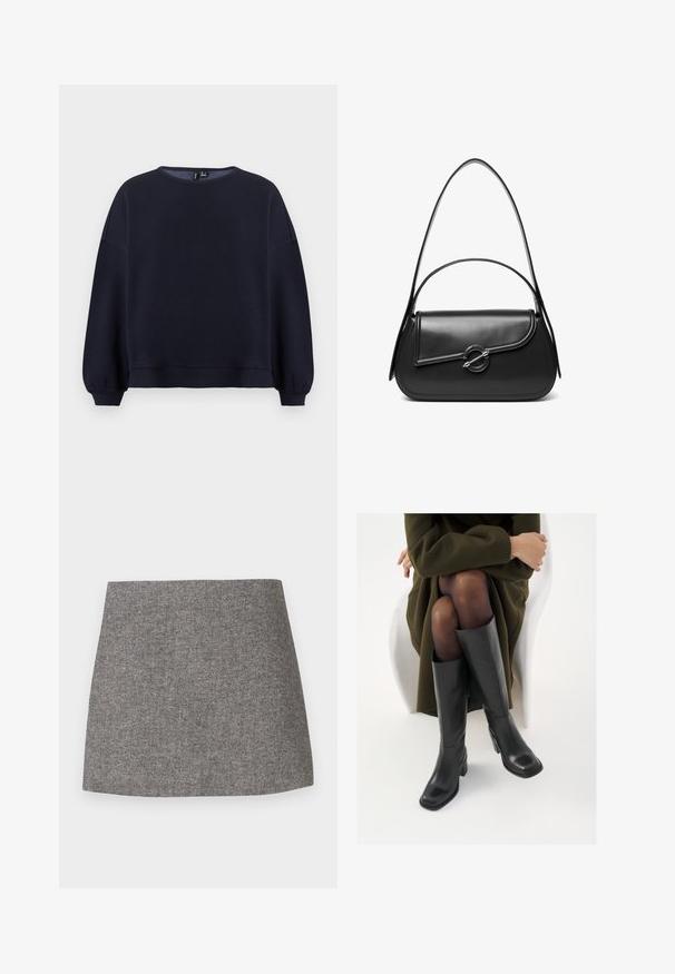 Marineblauwe sweatshirt met een ronde halslijn, verlaagde schouders en verzamelde mouwen. Soepele textuur met een relaxte pasvorm en geribbelde zoom.; Rok met visgraatmotief in grijze stof, met een aansluitende pasvorm, een gladde textuur en een nette, rechte zoom.; Knieschijf hoge zwarte leren laarzen met een vierkante neus en blokhak, getoond met een model dat zit in een olijfgroene jas. Gladde textuur, minimale details.; Zwarte leren schoudertas met een gebogen klep die is bevestigd met een ronde metalen sluiting en een smalle, verstelbare band.