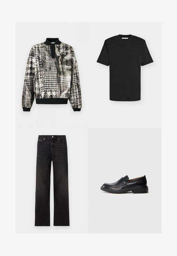 Pull-over à manches longues avec col et poignets noirs, présentant un motif pied-de-poule abstrait noir et blanc texturé.; T-shirt noir à manches courtes et col rond avec un logo texte discret sur la poitrine gauche et une étiquette de marque blanche à l’intérieur du col.; Jean noir droit avec cinq poches, passants pour ceinture et fermeture par bouton, présenté sur un fond blanc.; Chaussure habillée noire en cuir, à enfiler, avec un petit talon et un logo Calvin Klein discret sur le côté, présentée de profil sur un fond blanc.