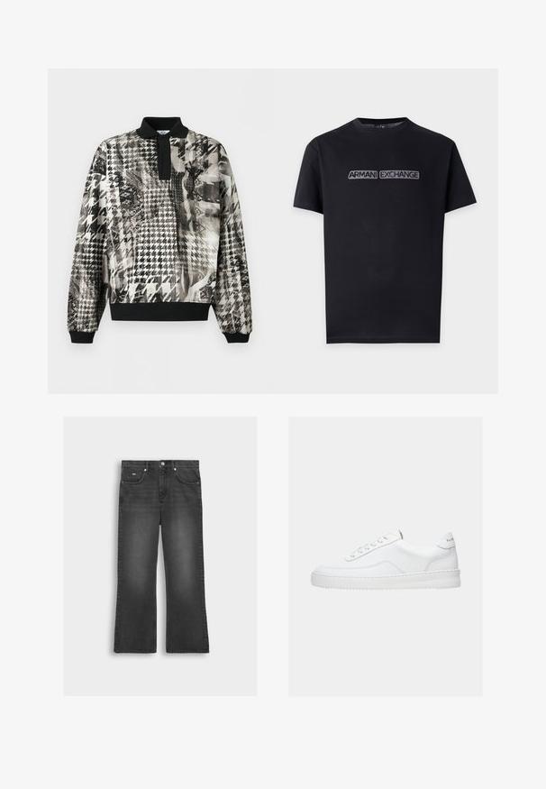 Pull-over à manches longues avec col et poignets noirs, présentant un motif pied-de-poule abstrait noir et blanc texturé.; T-shirt noir manches courtes col rond avec "ARMANI EXCHANGE" brodé en gris sur la poitrine.; Jean en denim noir évasés avec une finition délavée, présentant une fermeture à bouton devant, des passants de ceinture et deux poches latérales.; Baskets basses blanches avec un design à lacets, dessus en cuir lisse et semelle épaisse, montrées de profil sur un fond uni.
