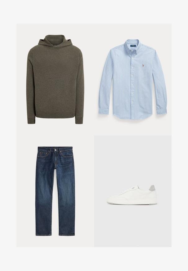 Pull à capuche en maille vert olive foncé avec manches longues et poignets et ourlet côtelés.; Chemise bleu clair à manches longues avec des rayures verticales blanches et un petit logo Polo Ralph Lauren brodé sur la poitrine gauche.; Jean en denim bleu foncé droit avec poches avant, passants de ceinture et fermeture par bouton métallique sur un fond uni.; Baskets basses blanches avec un onglet de talon gris, des lacets blancs et une semelle texturée, présentées sur un fond uni clair.