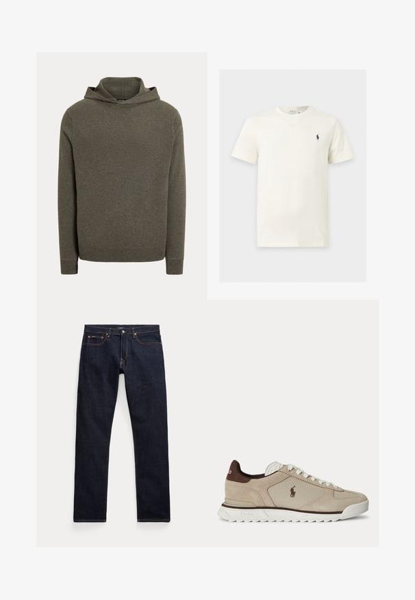 Pull à capuche en maille vert olive foncé avec manches longues et poignets et ourlet côtelés.; T-shirt blanc manches courtes col rond avec petit logo sombre d'un cheval et d'un cavalier sur la poitrine gauche.; Jean en denim bleu foncé avec cinq poches, rivets en cuivre et coutures contrastées, posé à plat sur un fond blanc.; Baskets basses beiges et marron à lacets, semelle blanche, panneaux en mesh et en suède, avec logo Polo sur le côté.
