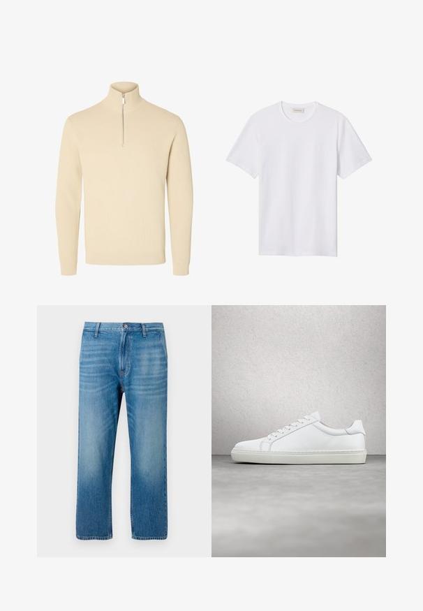 Beige gebreide trui met een hoge geribde kraag en een korte ritssluiting aan de voorkant, met lange mouwen en geribde manchetten en zoom.; Effen wit T-shirt met korte mouwen en ronde hals, met een klein reliëflogo op de linkerborst en een merklabel binnenin de kraag.; Lichtblauwe denim jeans met een rechte pasvorm, vijf-pocket ontwerp, knoopsluiting en subtiele vervaging aan de voorkant. Geen zichtbare patronen.; Witte sneaker met een gladlederen bovenwerk en een laag profiel. Voorzien van een ronde neus, zes vetergaatjes en een gestructureerde rubberen zool.