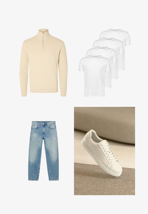 Beige gebreide trui met een hoge geribde kraag en een korte ritssluiting aan de voorkant, met lange mouwen en geribde manchetten en zoom.; Witte katoenen T-shirts, korte mouwen, ronde halslijn, gladde textuur, vier stuks gestapeld met een consistent ontwerp en zonder patronen of accenten.; Jeans met rechte pijpen van blauwe denim, met voorzakken en riemlussen, met lichte vervaagde details op dijen en knieën.; Witte leren sneaker met witte veters, weergegeven op een beige textuurovervlak en een zacht vervaagd achtergrond.