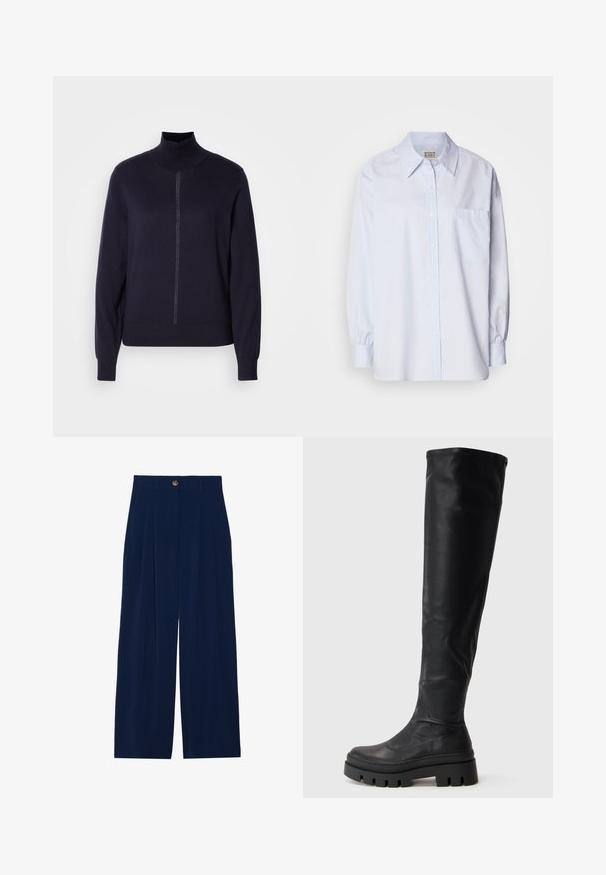 Navy turtleneck-neule pehmeästä neuleesta, jossa on puolivetoketju edessä, pitkät hihat ja istuva helma. Minimalistinen muotoilu ilman kuvioita.; Vaaleansininen napitettava paita, joka on valmistettu puuvillasta. Siinä on terävä kaulus, pitkät hihat ja yksi rintatasku. Tasainen pinta.; Navy siniset leveälahkeiset housut, jotka on valmistettu pehmeästä materiaalista. Niissä on etupleatit, nappikiinnitys ja kaksi sivutaskua.; Musta polvipituinen saapas paksuine kankaanpohjineen ja sileällä pinnalla, jossa on pyöreä varvas ja hieman löysä yläosa.