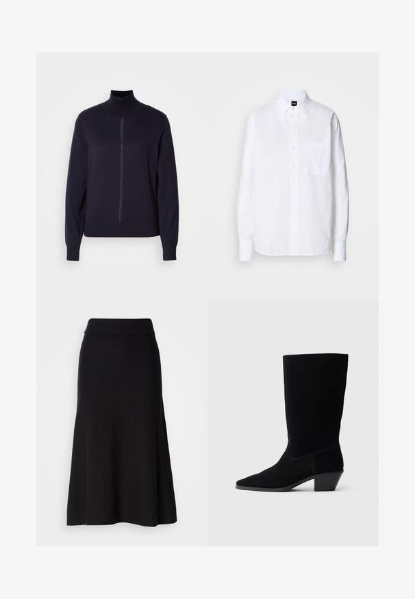 Marine krave sweater i blødt strikstof, med halv lynlås foran, lange ærmer og en tætsiddende kant. Minimalistisk design uden mønstre.; Hvid skjorte med knapper lavet af bomuld, med klassisk krave, lange ærmer, en brystlomme og en glat, sprød tekstur.; Sort strikfløjet nederdel med bred talje, midi-længde, glat tekstur og ingen synlige mønstre eller hardware detaljer.; Sort ruskind ankelstøvle med spidse tæer, mellemhøj skaft og en chunky hæl. Fuldender et minimalistisk design med lidt syninger og en glat tekstur.