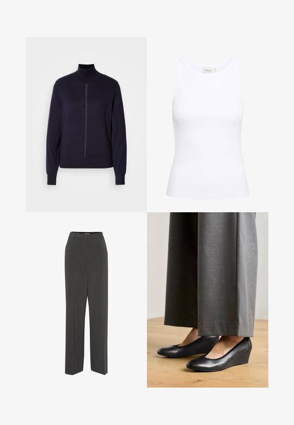 Marineblauer Rollkragenpullover aus weichem Strickmaterial, mit einem halben Reißverschluss vorne, langen Ärmeln und einem figurschmeichelnden Saum. Minimalistisches Design ohne Muster.; Weißes, geripptes Tanktop mit Rundhalsausschnitt und ohne Ärmel. Elastisches Material und figurbetontes Design. Das Etikett auf der Rückseite trägt die Aufschrift "GESTUZ."; Graue maßgeschneiderte Hosen mit flacher Vorderseite, gerader Beinform, glatter Textur und ohne sichtbare Muster oder Verzierungen. Hohe Taille.; Schwarze Leder-Wedgeschuhe mit abgerundetem Zeh und glatter Textur, kombiniert mit grauen weiten Hosen, auf einem Holzboden.