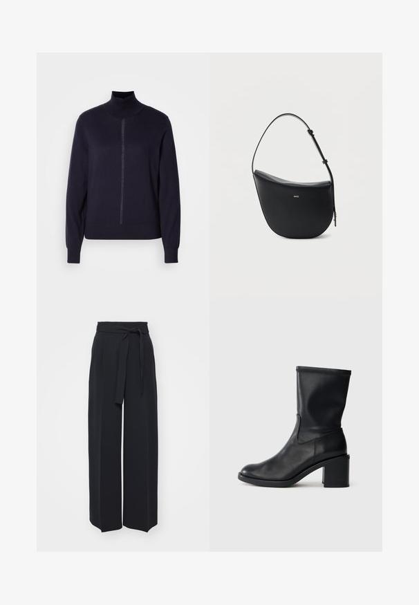 Marine krave sweater i blødt strikstof, med halv lynlås foran, lange ærmer og en tætsiddende kant. Minimalistisk design uden mønstre.; Vide sorte bukser lavet af blød stof. Har en bælteholdbar talje og frontfolder. Glat tekstur med et rent, moderne design.; Sort læder ankelstøvle med rund tå, glat tekstur og en grov hæl, der har et tætsiddende skaft og subtil syning.; Sort halv-måne skuldertaske i læder med justerbar rem og guld "BOSS"-logo centreret foran.