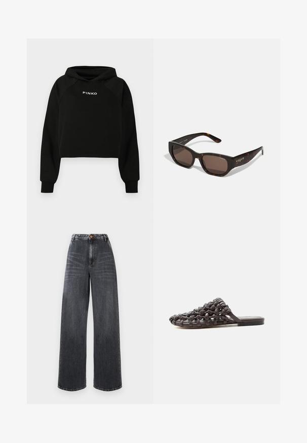 Zwarte cropped hoodie met een capuchon en trekkoorden, voorzien van een witte "PINKO"-logo over de borst. Gemaakt van zachte stof met geribbelde manchetten.; Hoge taille wijde jeans van donkergrijs denim met vervaagde details, met een sluiting met knoop aan de voorkant en een traditionele vijf-pocket stijl.; Platte zwarte slidesandaal met bovenwerk van geweven leer en open teenontwerp, liggend op een witte ondergrond.; Tortoiseshell zonnebril met rechthoekige bruine lenzen. Glanzend plastic frame met gouden "vogue" branding aan de zijkant.