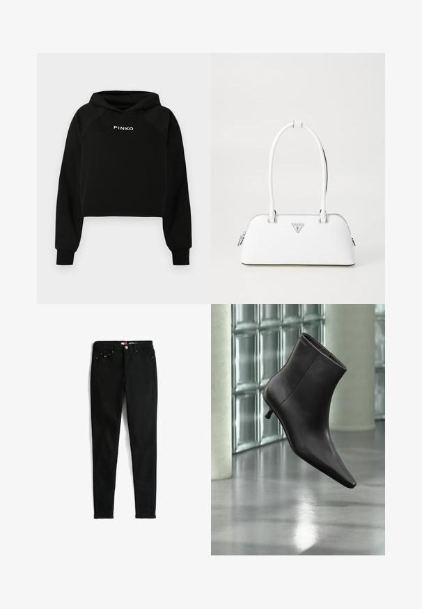 Sudadera negra corta con capucha ajustable mediante cordón, con el logo blanco "PINKO" en el pecho. Confeccionada con tela suave y puños acanalados.; Vaqueros negros ajustados con cinco bolsillos, cierre de botón y trabillas para cinturón, colocados planos sobre un fondo blanco.; Bota de cuero negro para el tobillo con puntera puntiaguda y tacón pequeño, exhibida frente a una pared de bloques de vidrio y un suelo pulido.; Bolso de cuero blanco con forma curva, que presenta un logo triangular plateado y cierre de cremallera. Textura lisa y dos asas.