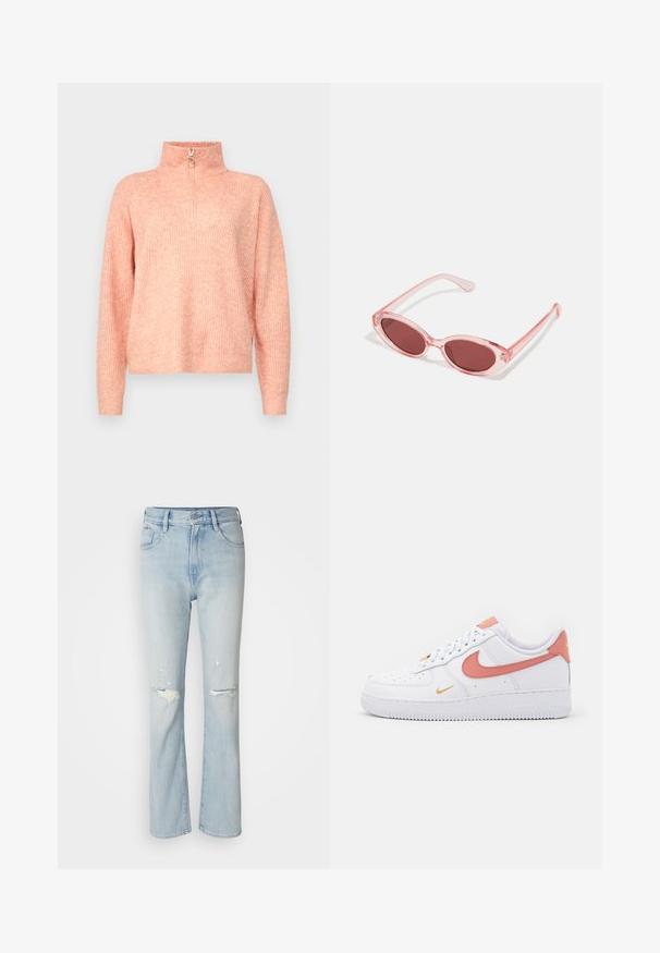 Vero Moda VMPLAZA ZIPPER BLOUS - Πουλόβερ - misty rose detailw melange; Ανοιχτού μπλε τζιν παντελόνι με ψηλή μέση, φαρδύ πόδι, φθαρμένες λεπτομέρειες και κομμένα κομμάτια υφάσματος στα γόνατα. Σχέδιο με πέντε τσέπες.; Nike Sportswear AIR FORCE 1 07 ESS - Αθλητικά παπούτσια - white/rust pink; Ροζ διαφανή γυαλιά ηλίου με ωοειδείς φακούς, σκούρο κόκκινο τόνισμα και κομψούς βραχίονες, με απαλή υφή και διακριτές λεπτομέρειες στο σκελετό.