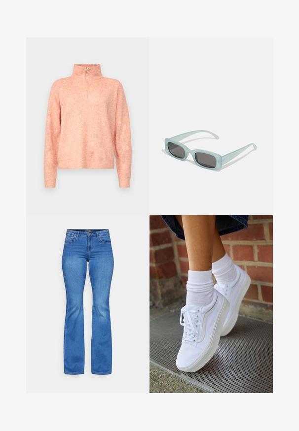 Vero Moda VMPLAZA ZIPPER BLOUS - Πουλόβερ - misty rose detailw melange; ONLY ONLREESE RETRO - Τζιν καμπάνα - light medium blue denim; Λευκά καμβά παπούτσια με καουτσούκ σόλες, που διαθέτουν έξι τρυπούλες, στρογγυλή μύτη και λεπτομέρειες από ελαφριά ραφή, σε συνδυασμό με λευκές κάλτσες μέχρι τον αστράγαλο.; Ενα ζευγάρι ορθογώνια γυαλιά ηλίου με ανοιχτό μπλε ημιδιαφανείς σκελετούς και σκούρους γκρι φακούς, διαθέτοντας ίσιες βραχίονες και ελάχιστες λεπτομέρειες υλικών.
