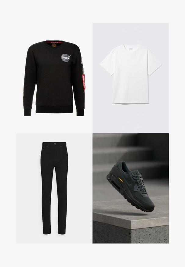 Alpha Industries NASA - Collegepaita - schwarz; Valkoinen lyhythihainen pyöreäkauluksinen t-paita tasaisena, yksinkertainen malli, jossa "WEEKDAY"-etiketti kauluksessa vaalealla taustalla.; Mustat farkut, joissa on kapea malli ja korkea vyötärö, etupainike ja viisi taskua. Sujuva pinta ja hyvin istuva malli.; Mustat ja tummanharmaat Nike Air Max -lenkkarit verkkokankaalla ja nahkayksityiskohdilla, keltainen "Air Max"-teksti, kellumassa kivialtaan yläpuolella.