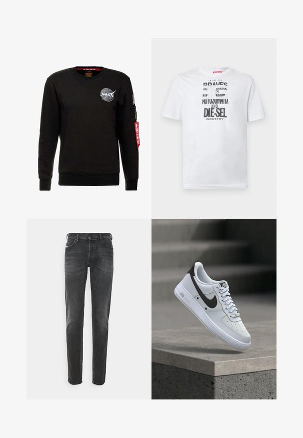 Alpha Industries NASA - Sweatshirt - schwarz; Weißes Baumwoll-T-Shirt mit fetter schwarzer Typografie und den Worten "BRAVES" und "DIE-SEL INDUSTRY" sowie einem halbtransparenten Cutout-Design.; Schwarze Denim-Jeans mit klassischem geradem Schnitt, subtiler Ausbleichung und Fünf-Taschen-Design mit kontrastierenden Nähdetails.; Weißer Nike Air Force 1 Sneaker mit schwarzem Swoosh-Logo, der über einer Betonvorsprung mit unscharfen Treppen im Hintergrund schwebt.