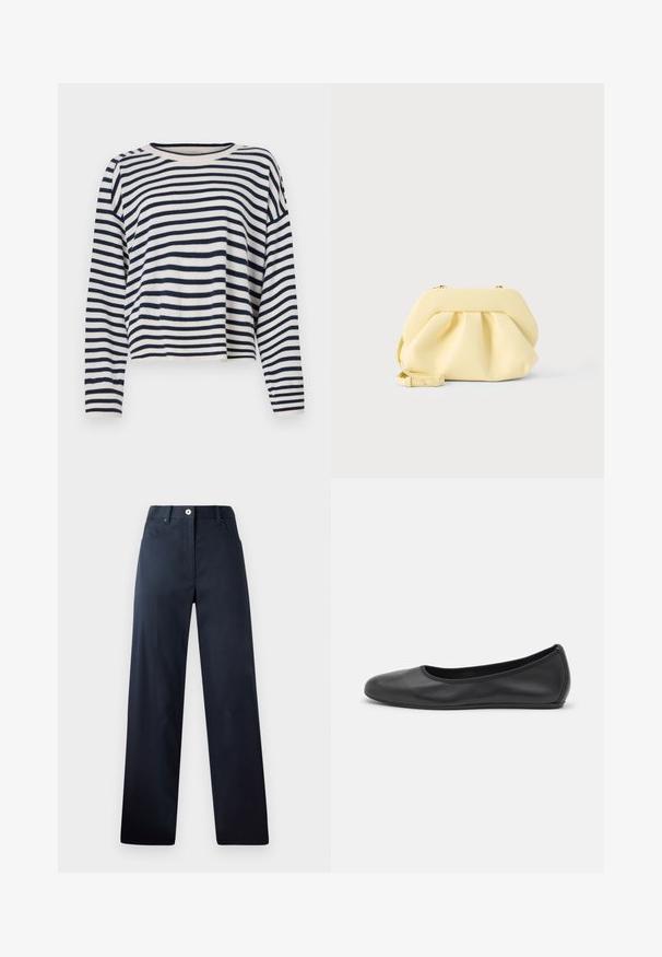 Suéter de manga larga de algodón con rayas horizontales en azul marino y crema, escote redondo y un diseño corto con acentos acanalados.; Pantalones oscuros de color navy con un diseño de pierna recta, hechos de una tela suave. Presenta bolsillos delanteros, un cierre de botón y sutiles detalles de costura.; Bailarina de piel negra con punta redondeada, textura suave, detalle de costura minimalista y diseño de suela flexible.; Bolso de mano de cuero amarillo suave con diseño fruncido y una correa desmontable, sobre un fondo claro y liso.