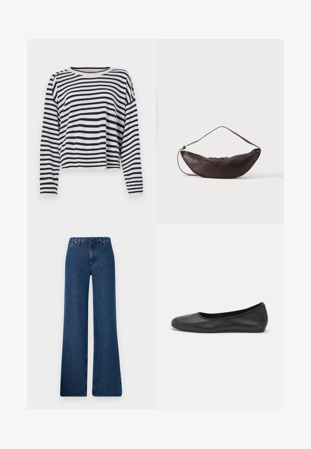 Pull en coton à manches longues avec des rayures horizontales bleu marine et crème, un col rond et un design court avec des accents côtelés.; Jean en denim bleu évasés avec une taille haute, un design à cinq poches et une fermeture à bouton en métal. Texture lisse, style décontracté et couture minimale.; Ballerines en cuir noir avec un bout rond, texture lisse, détails de couture minimalistes et design de semelle flexible.; Sac d'épaule en cuir marron foncé en forme de croissant avec une lanière courbée et des coutures visibles sur fond uni.