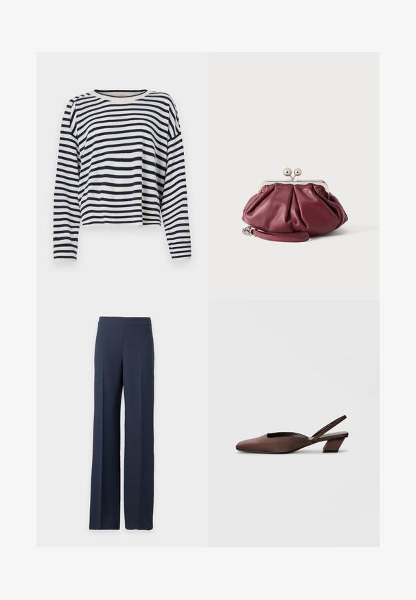 Suéter de manga larga de algodón con rayas horizontales en azul marino y crema, escote redondo y un diseño corto con acentos acanalados.; Pantalones de pierna ancha azul marino con cintura alta y frente limpio, mostrados sobre un fondo gris claro liso.; Zapato slingback marrón con parte superior de tejido suave, punta afilada y tacón bloque geométrico, presentando un diseño recortado para mayor transpirabilidad.; Pequeño bolso de mano de cuero burdeos con cierre metálico plateado y correa de muñeca sobre fondo blanco.