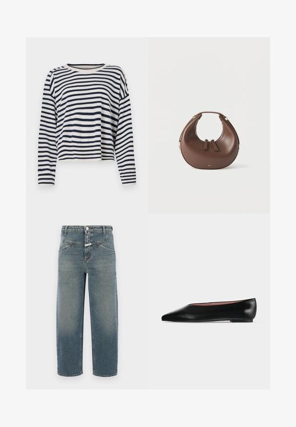 Pull en coton à manches longues avec des rayures horizontales bleu marine et crème, un col rond et un design court avec des accents côtelés.; CLOSED STOVER X - Jeans fuselé - mid blue; Chaussure plate en cuir noir pour femme, avec bout pointu et petit talon, vue de côté sur un fond gris clair uni.; Sac à main en cuir marron en forme de croissant avec une poignée supérieure et deux curseurs de fermeture éclair, sur fond blanc.
