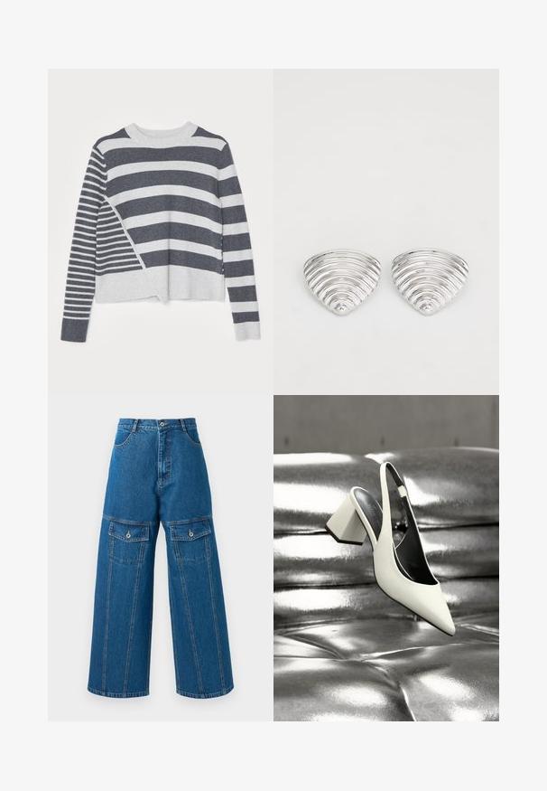 Pull rayé à col rond, présentant un mélange de rayures horizontales grises foncées et claires de largeurs variées, avec une texture douce.; Pantalon en denim à jambes larges de couleur bleu clair, avec une taille haute, des coutures visibles et deux poches à rabat boutonnées de chaque côté.; Chaussure à talon haut slingback blanche avec un bout pointu et un talon bloc sur une surface capitonnée argentée métallique brillante.; Boucles d'oreilles en argent avec un design ondulé et texturé, en forme de croissants superposés ; la finition polie accentue les qualités réfléchissantes.