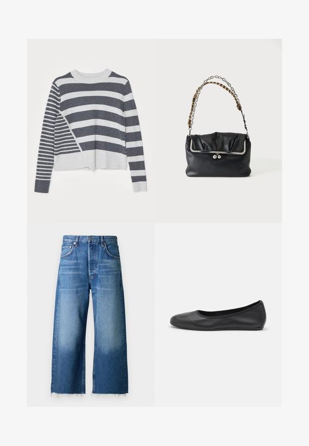 Pull rayé à col rond, présentant un mélange de rayures horizontales grises foncées et claires de largeurs variées, avec une texture douce.; Jean en denim bleu clair à jambes larges avec un ourlet effiloché, conçu avec cinq poches et une fermeture à bouton à la taille.; Ballerines en cuir noir avec un bout rond, texture lisse, détails de couture minimalistes et design de semelle flexible.; Sac à main en cuir noir avec fermoir cadre argenté et bandoulière chaîne présentant un détail en tissu à carreaux noirs et jaunes.