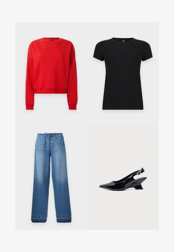 Sweat-shirt à capuche rouge en tissu doux, avec un col rond, des manches longues et une coupe courte avec des poignets côtelés.; T-shirt pour femmes noir à manches courtes avec col rond et coupe ajustée, présenté sur un fond clair uni.; Pantalon en denim bleu à jambes larges avec ceinture élastique et cordon de serrage, présentant des zones légèrement délavées et des ourlets cousus.; Chaussure slingback en cuir verni noir avec bout pointu et petit talon bloc incliné sur fond clair uni.