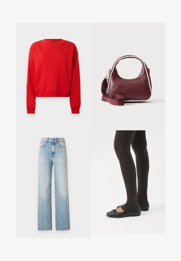 Sweat-shirt à capuche rouge en tissu doux, avec un col rond, des manches longues et une coupe courte avec des poignets côtelés.; Jean en denim bleu clair à jambes larges, avec une taille haute, un léger délavage et un design classique à cinq poches avec des coutures contrastées.; Jambes portant des leggings côtelés foncés associés à des ballerines noires avec de petits détails en nœud sur fond blanc.; Sac à main en cuir tressé marron foncé avec poignée courbée, garniture blanche, fermeture éclair argentée et bandoulière large en tissu amovible sur fond uni.