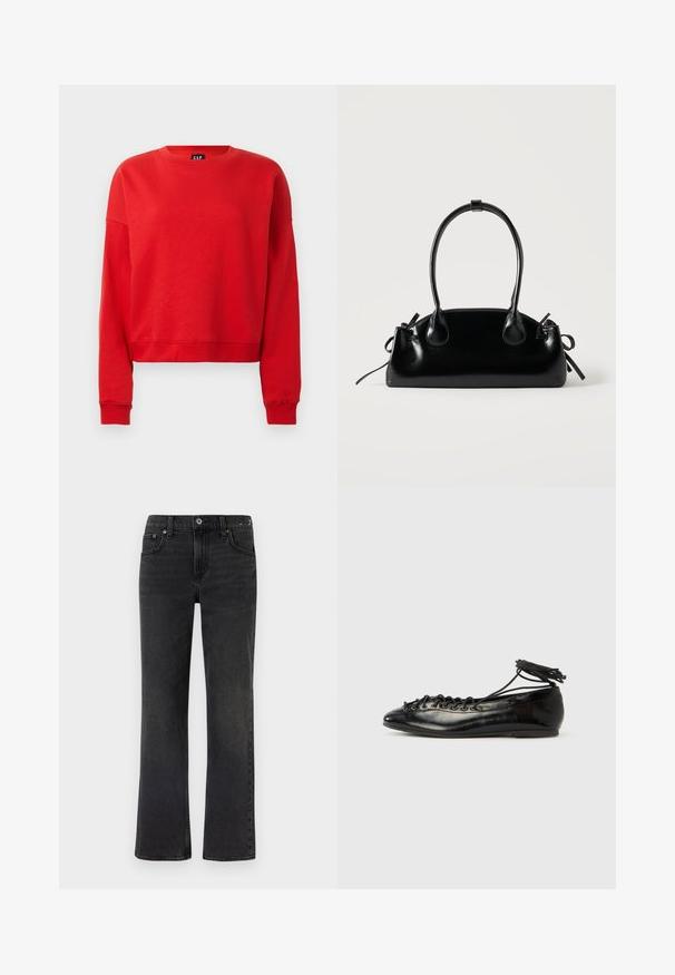 Sweat-shirt à capuche rouge en tissu doux, avec un col rond, des manches longues et une coupe courte avec des poignets côtelés.; Jeans en denim noir avec un design à jambe droite, cinq poches et des coutures visibles. Le tissu présente une texture douce avec une finition délavée.; Ballerines en cuir verni noir avec un bout rond, un design à lacets et une semelle plate. Texture lisse avec peu de détails.; Petit sac à main noir brillant avec deux longues anses et des détails à cordon sur les côtés sur un fond clair uni.
