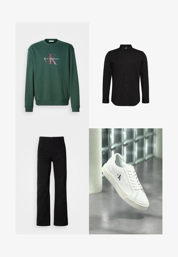 Grüner Sweatshirt mit Rundhalsausschnitt, langen Ärmeln und einem Grafikdruck mit "Calvin Klein" und prominentem "CK"-Logo in kontrastierenden Farben.; Schwarzes Langarmhemd aus glattem Stoff, mit spitzem Kragen, Knopfleiste vorne und kleinem Logo auf der Brust.; Schwarze Baumwollhosen mit geradem Bein, ausgestattet mit einem Knopfverschluss und Gürtelschlaufen. Glatte Textur und minimalistischer Stil ohne sichtbare Muster.; Weißer Calvin Klein Sneaker mit Schnürsenkeln, schwebend über einem polierten Betonboden und einer Glasbausteinwand im Hintergrund dargestellt.