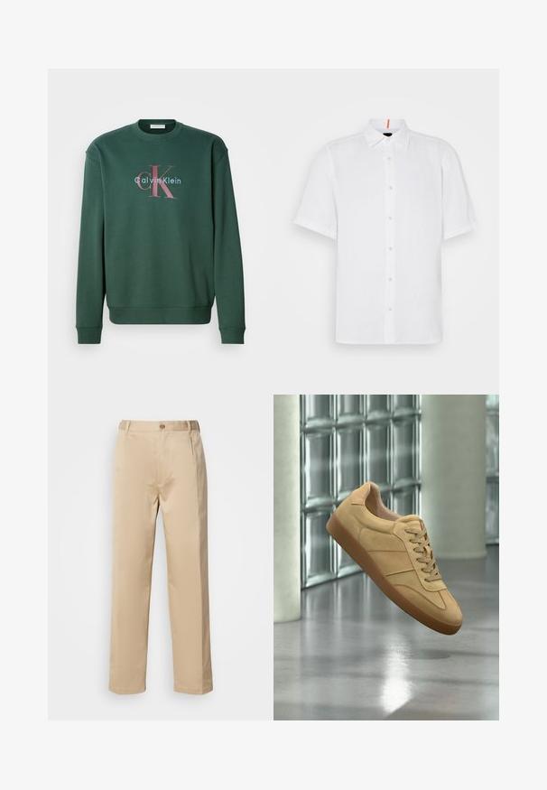 Sudadera verde con cuello redondo, mangas largas y un estampado gráfico que muestra "Calvin Klein" y el prominente logo "CK" en colores contrastantes.; Camisa blanca de manga corta hecha de lino con corte recto. Presenta un cierre frontal con botones, cuello clásico y sutiles detalles de costura.; Pantalones beige hechos de una tela ligera, con un diseño de pierna recta, cinturilla con trabillas y un solo botón en la parte frontal.; Zapatilla beige de ante con suela de goma, diseño con cordones, flotando en interiores sobre suelo de hormigón pulido cerca de pared de bloques de vidrio.