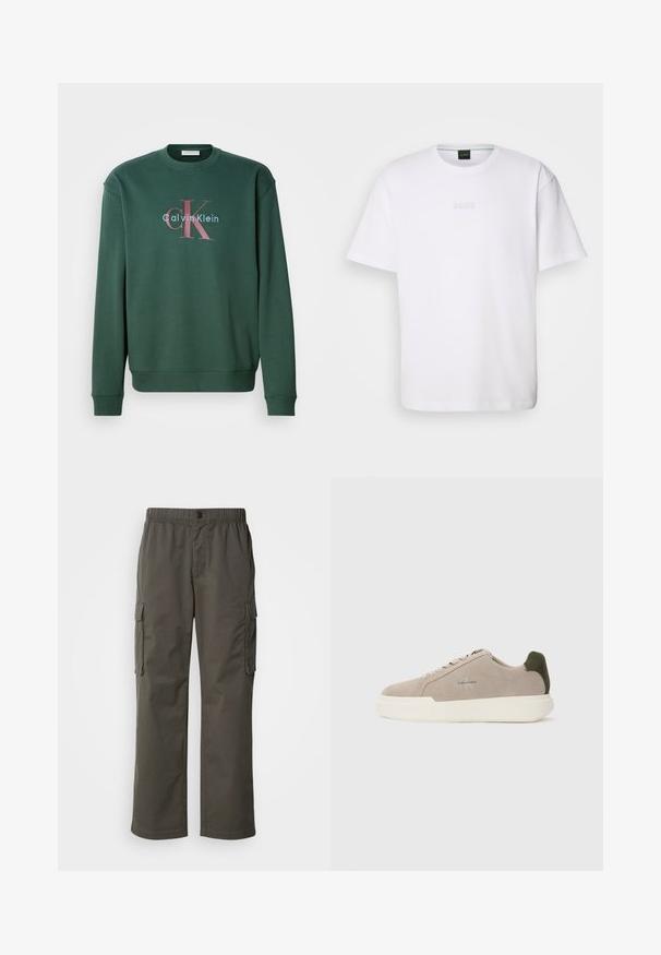 Grøn sweatshirt med rund hals, lange ærmer og et grafisk print med "Calvin Klein" og det fremtrædende "CK" logo i kontrasterende farver.; Hvid bomulds T-shirt med korte ærmer, rund halsudskæring og præget "BOSS" logo på brystet. Glat tekstur, standard pasform.; Cargo bukser i mørkegrå med elastisk talje, to sidelommer og en afslappet pasform. Fremstillet af holdbart stof med en glat tekstur.; Beige ruskinds sneakers med en hvid gummisål, der har en mørkegrøn hælaccent og subtil branding på siden.