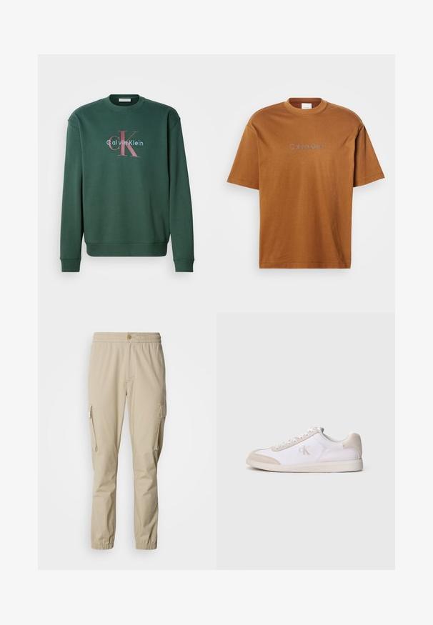 Grüner Sweatshirt mit Rundhalsausschnitt, langen Ärmeln und einem Grafikdruck mit "Calvin Klein" und prominentem "CK"-Logo in kontrastierenden Farben.; Braunes Baumwoll-T-Shirt mit kurzen Ärmeln und Rundhalsausschnitt. Auf der Vorderseite mit "Calvin Klein" in hellem Grau bestickt.; Beige Cargo-Hosen mit elastischem Bund, Knopfverschluss, Seitentaschen und elastischen Bündchen an den Knöcheln, aus leichtem Stoff gefertigt.; Weißer und beiger Sneaker mit niedriger Schnittform, Schnürverschluss, Wildlederakzenten und „cK“-Logo an der Seite, im Profil vor einfarbigem Hintergrund gezeigt.