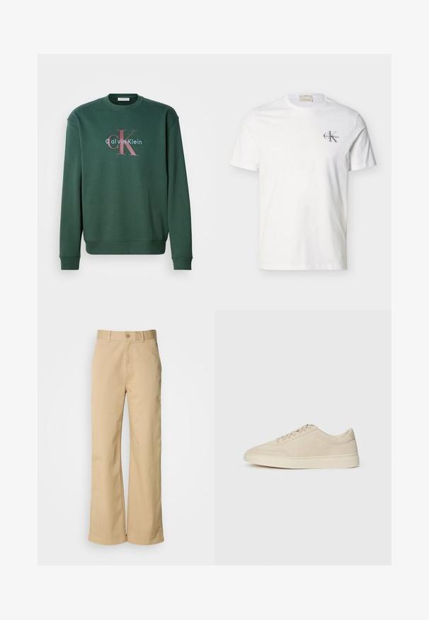 Grüner Sweatshirt mit Rundhalsausschnitt, langen Ärmeln und einem Grafikdruck mit "Calvin Klein" und prominentem "CK"-Logo in kontrastierenden Farben.; Weißes kurzärmeliges Baumwoll-T-Shirt mit kleinem grauem "Calvin Klein"-Logo auf der linken Brust, Rundhalsausschnitt und regulärer Passform.; Beige, weit geschnittene Hosen aus einer Baumwollmischung. Mit einem Knopfverschluss und Gürtelschlaufen. Glatte Textur mit minimalen Nähten.; Beige Wildleder-Sneaker mit flachem Schnitt, Schnürung, runder Zehenpartie und dicker Gummisohle, seitlich rechts auf einem weißen Hintergrund gezeigt.