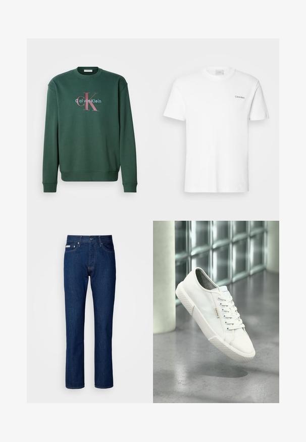 Grøn sweatshirt med rund hals, lange ærmer og et grafisk print med "Calvin Klein" og det fremtrædende "CK" logo i kontrasterende farver.; Hvid bomulds T-shirt med korte ærmer og rund halsudskæring. Har et lille sort "Calvin Klein" logo på venstre bryst.; Mørkeblå denim jeans med lige ben sammen design, der har lynlås og knaplukning, fem lommer og subtile stikninger.; Hvid Calvin Klein lavt sneakers med snørebånd, gummisål og logo-tag, svævende over gråt poleret gulv nær glasblokvæg.