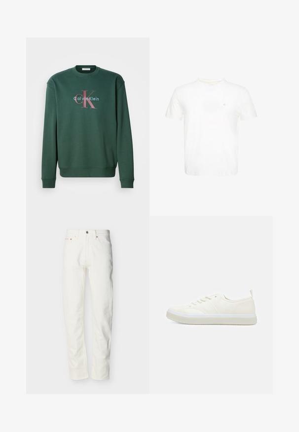 Zelená mikina so širokým výstrihom, dlhými rukávmi a grafickým potlačou s nápisom "Calvin Klein" a výrazným logom "CK" v kontrastných farbách.; Biele tričko s krátkym rukávom a okrúhlym výstrihom s malým vyšívaným logom "ck" na ľavej strane hrudníka.; Pánske rifle z bieleho denimu s rovnými nohavicami, predným zapínaním na gombík a zips, pútkami na opasok a päťvreckovým strihom.; Calvin Klein TOP LACE UP UNIFIT - Tenisky - salt bay