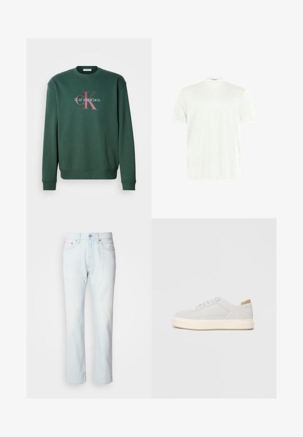 Grüner Sweatshirt mit Rundhalsausschnitt, langen Ärmeln und einem Grafikdruck mit "Calvin Klein" und prominentem "CK"-Logo in kontrastierenden Farben.; Weißes T-Shirt mit Rundhalsausschnitt aus weichem Stoff. Kurze Ärmel, keine Muster. Schlichtes Design mit geradem Saum und minimalen Details.; Hellblaue Jeans mit geradem Bein. Verfügt über einen Knopfverschluss und Gürtelschlaufen, präsentiert eine ausgebleichte Textur und minimale Nähte.; Hellgraue Sneaker mit einer glatten Synthetik-Oberfläche, runder Spitze und einer strukturierten cremefarbenen Zwischensohle. Helle tanfarbene Akzente an der Ferse.