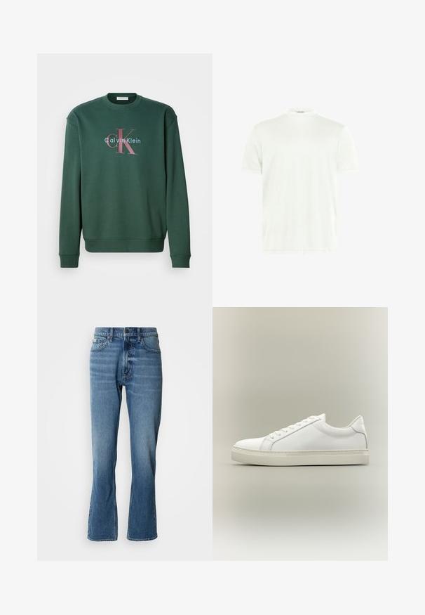 Grüner Sweatshirt mit Rundhalsausschnitt, langen Ärmeln und einem Grafikdruck mit "Calvin Klein" und prominentem "CK"-Logo in kontrastierenden Farben.; Weißes T-Shirt mit Rundhalsausschnitt aus weichem Stoff. Kurze Ärmel, keine Muster. Schlichtes Design mit geradem Saum und minimalen Details.; Hellblaue Denim-Jeans mit geradem Schnitt und leicht ausgestelltem Bein. Verfügt über fünf Taschen, einen Knopfverschluss und dezente Waschungseffekte.; Weißer Sneaker mit niedrigem Schaft, vorn mit Schnürung und dicker Sohle, aus der Seitenansicht vor neutralem Hintergrund.