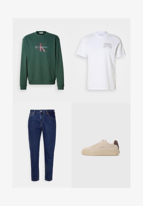 Zelená mikina so širokým výstrihom, dlhými rukávmi a grafickým potlačou s nápisom "Calvin Klein" a výrazným logom "CK" v kontrastných farbách.; Biela bavlnená tričko s krátkymi rukávmi, okrúhlym výstrihom a potlačou: "Calvin Klein 205 ZÁPAD 39. ULICE NEW YORK CITY 10018."; Tmavomodré rifľové nohavice rovného strihu s predným zapínaním na gombík a zips, s pútkami na opasok a prednými aj zadnými vreckami.; Bežové semišové tenisky s okrúhlou špičkou, šnúrkovým uzatváraním vpredu a hnedým semišovým akcentom na podpätku. Obsahujú štruktúrovanú gumovú podrážku.