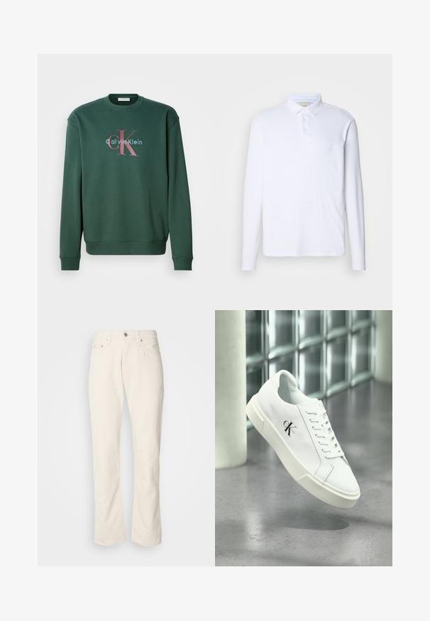 Grøn sweatshirt med rund hals, lange ærmer og et grafisk print med "Calvin Klein" og det fremtrædende "CK" logo i kontrasterende farver.; Langærmet hvid polo-shirt lavet af blødt stof, med en klassisk krave, tre knaplukninger og et diskret logo på brystet.; Beige bomuldsjeans med et klassisk lige ben-design, der har en forreste knaplukning, fem lommer og diskrete syninger.; Hvid Calvin Klein sneaker med snørebånd, vist svævende over en poleret betongulv og en baggrund af glasblokke.