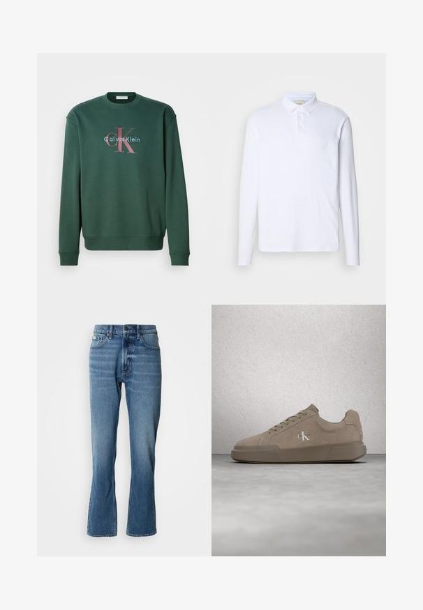 Zelená mikina so širokým výstrihom, dlhými rukávmi a grafickým potlačou s nápisom "Calvin Klein" a výrazným logom "CK" v kontrastných farbách.; Biela polo košeľa s dlhými rukávmi vyrobená z mäkkej látky, s klasickým golierom, trojuholníkovým zapínaním a jemným logom na hrudi.; Svetlo modré denimové rifle s rovnými nohavicami a jemným rozšírením. Majú päť vreciek, zapínanie na gombík a jemné detaily zohybovania.; Béžová semišová teniska so šnúrkami a logom "ck", zobrazená ako levitujúca nad leštenou betónovou podlahou s pozadím zo sklenených blokov.