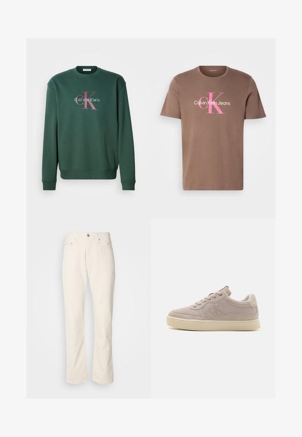 Sudadera verde con cuello redondo, mangas largas y un estampado gráfico que muestra "Calvin Klein" y el prominente logo "CK" en colores contrastantes.; Camiseta de algodón marrón con mangas cortas, que presenta un logo gráfico en rosa y blanco "Calvin Klein Jeans" en una fuente destacada en el frontal.; Jeans de algodón color beige con un diseño clásico de pierna recta, que cuentan con un cierre frontal de botón, cinco bolsillos y detalles de costura sutiles.; Calvin Klein Jeans CLASSIC CUPSOLE ICONIC - Zapatillas - eggshell creamy white