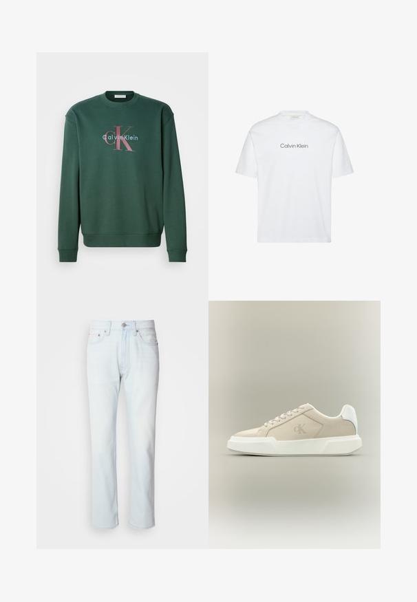 Zelená mikina so širokým výstrihom, dlhými rukávmi a grafickým potlačou s nápisom "Calvin Klein" a výrazným logom "CK" v kontrastných farbách.; Biele bavlnené tričko s krátkymi rukávmi. Má okrúhly výstrih a na hrudi sivý potlačený nápis "Calvin Klein".; Svetlomodré riflové nohavice so strihom rovného nohavice. Majú gombíkový uzáver a pútka na opasok, pričom preukazujú vyblednutú štruktúru a minimálne šitie.; Béžová nízka teniska s hrubou bielou podrážkou, šnúrkami, bielou pätovou časťou a nenápadným logom CK na bočnom paneli.