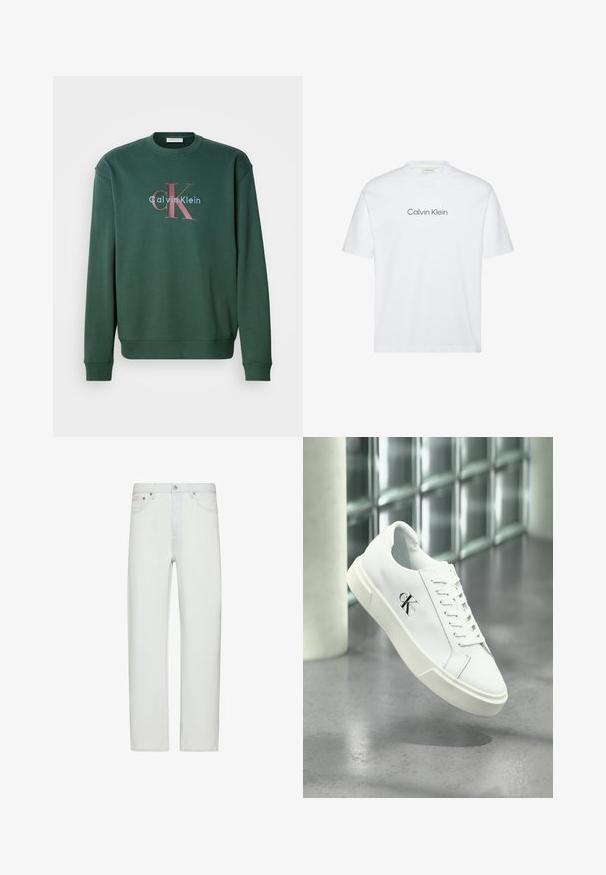Groene sweatshirt met een ronde hals, lange mouwen en een grafische print met "Calvin Klein" en een opvallend "CK"-logo in contrasterende kleuren.; Wit katoenen t-shirt met korte mouwen. Voorzien van een ronde hals en een gedrukte "Calvin Klein"-logo in grijs over de borst.; Witte rechte jeans met hoge taille, voorzien van een knoop- en ritssluiting aan de voorkant, riemlussen en voorzakken.; Witte Calvin Klein sneaker met veters, zwevend getoond boven een gepolijste betonnen vloer en een achtergrond van glasblokken.