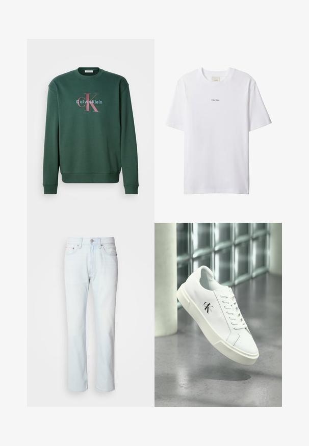 Sudadera verde con cuello redondo, mangas largas y un estampado gráfico que muestra "Calvin Klein" y el prominente logo "CK" en colores contrastantes.; Camiseta blanca de algodón con cuello redondo y mangas cortas. Cuenta con un pequeño logo negro de "Calvin Klein" centrado en el pecho.; Jeans de mezclilla azul claro con corte recto. Cuentan con un cierre de botón y pasadores para cinturón, mostrando una textura desgastada y costuras mínimas.; Zapatilla blanca Calvin Klein con cordones, mostrada flotando sobre un suelo de cemento pulido y un fondo de pared de bloques de vidrio.