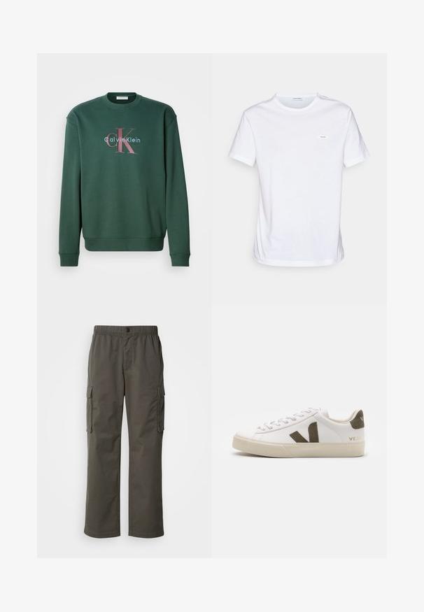 Sudadera verde con cuello redondo, mangas largas y un estampado gráfico que muestra "Calvin Klein" y el prominente logo "CK" en colores contrastantes.; Camiseta blanca de algodón con mangas cortas, cuello redondo y una pequeña etiqueta de marca en el pecho. Textura suave y diseño minimalista.; Pantalones cargo en gris oscuro con cintura elástica, dos bolsillos laterales y un corte relajado. Fabricados con un tejido duradero y de textura suave.; Zapatillas de cuero blanco con una suela de goma beige claro. Presenta un logo en forma de V de gamuza marrón y una pestaña en el talón. Cierre con cordones y superficie texturizada.