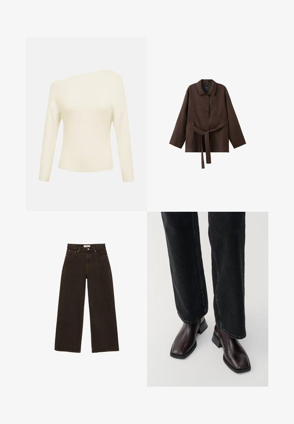 Pull en maille côtelée crème à épaules dénudées avec manches longues et taille ajustée, présenté sur un fond uni.; Veste marron foncé à manches longues avec col, deux boutons et une ceinture assortie en tissu nouée à la taille.; Jean en denim marron foncé à jambes larges, avec bouton et fermeture éclair à l'avant, poches avant avec rivets, et passants pour ceinture, posé à plat sur un fond blanc.; Bottines en cuir marron avec un orteil carré et un talon carré, associées à un jeans noir à jambes larges. Texture lisse et design minimaliste.