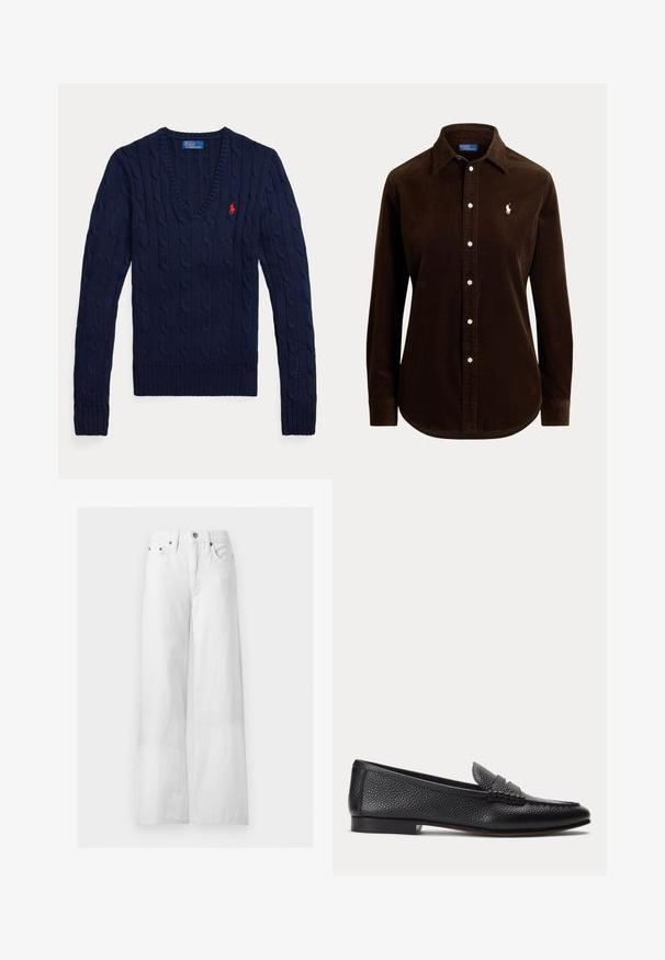Navyblå kabelstrikket V-hals sweater med lange ærmer og et lille rødt broderet Polo-logo på venstre bryst.; Mørkebrun fløjls-skjorte med lange ærmer, knapper foran, krave og lille hvid broderet logo på venstre bryst.; Højtaljede hvide vidde jeans med knap foran, lynlås, bæltestropper og fem-lommer design på ensfarvet baggrund.; Sort tekstureret læderloafer med lav hæl og klassisk penny-stropdetalje, vist i profil mod en ensfarvet lys baggrund.